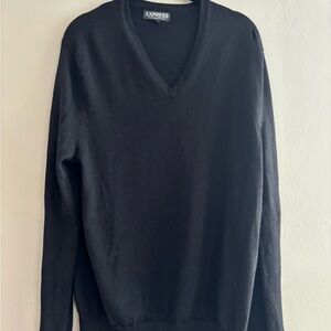 Express ITALIAN MERINO WOOL Black V-Neck Sweater Timeless Knit Design